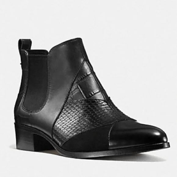 Coach Suffolk Patchwork Black Leather Chelsea Croc Snakeskin Booties  8.5M New - Picture 1 of 11